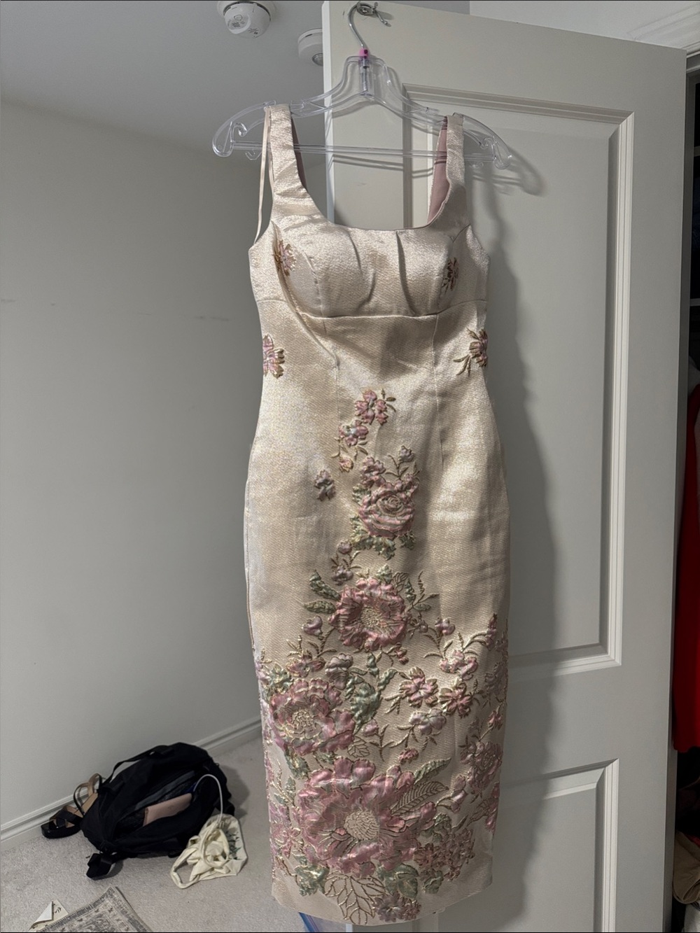 Mac Duggal Cream Midi Dress with Pink Floral Embroidery